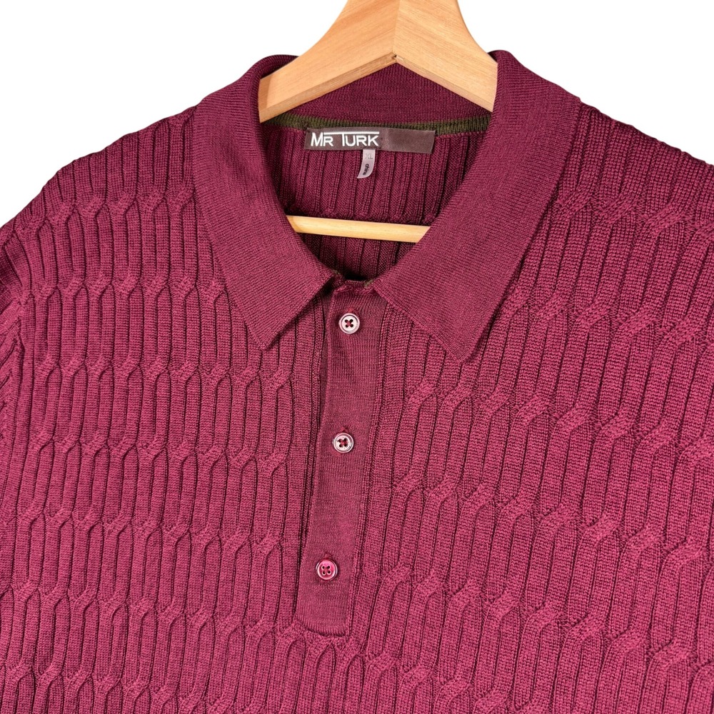 Mr Turk Mens XL Merino Wool Cable Knit Short Sleeve Polo Sweater Burgundy Red
